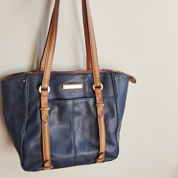 Rosetti Navy Blue & Tan Faux Leather Tote Bag with Multiple Pockets - Picture 1 of 8